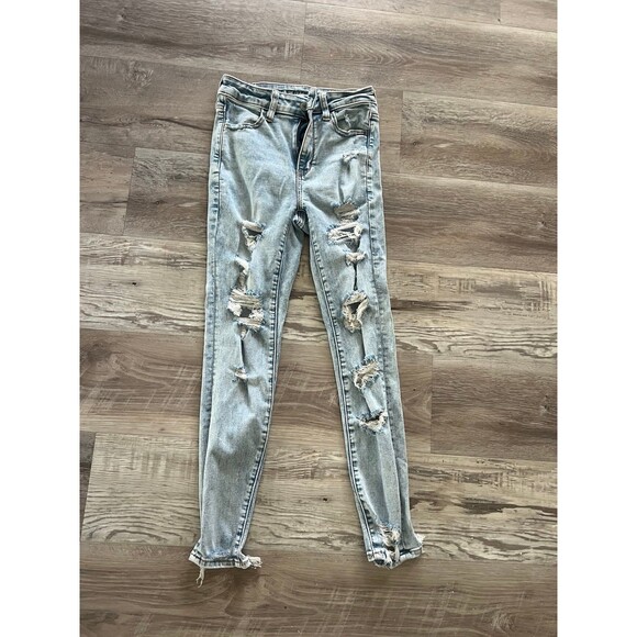 New American Eagle Light Jeans with Holes Frayed ends next Level Stretch 0short - Picture 1 of 7